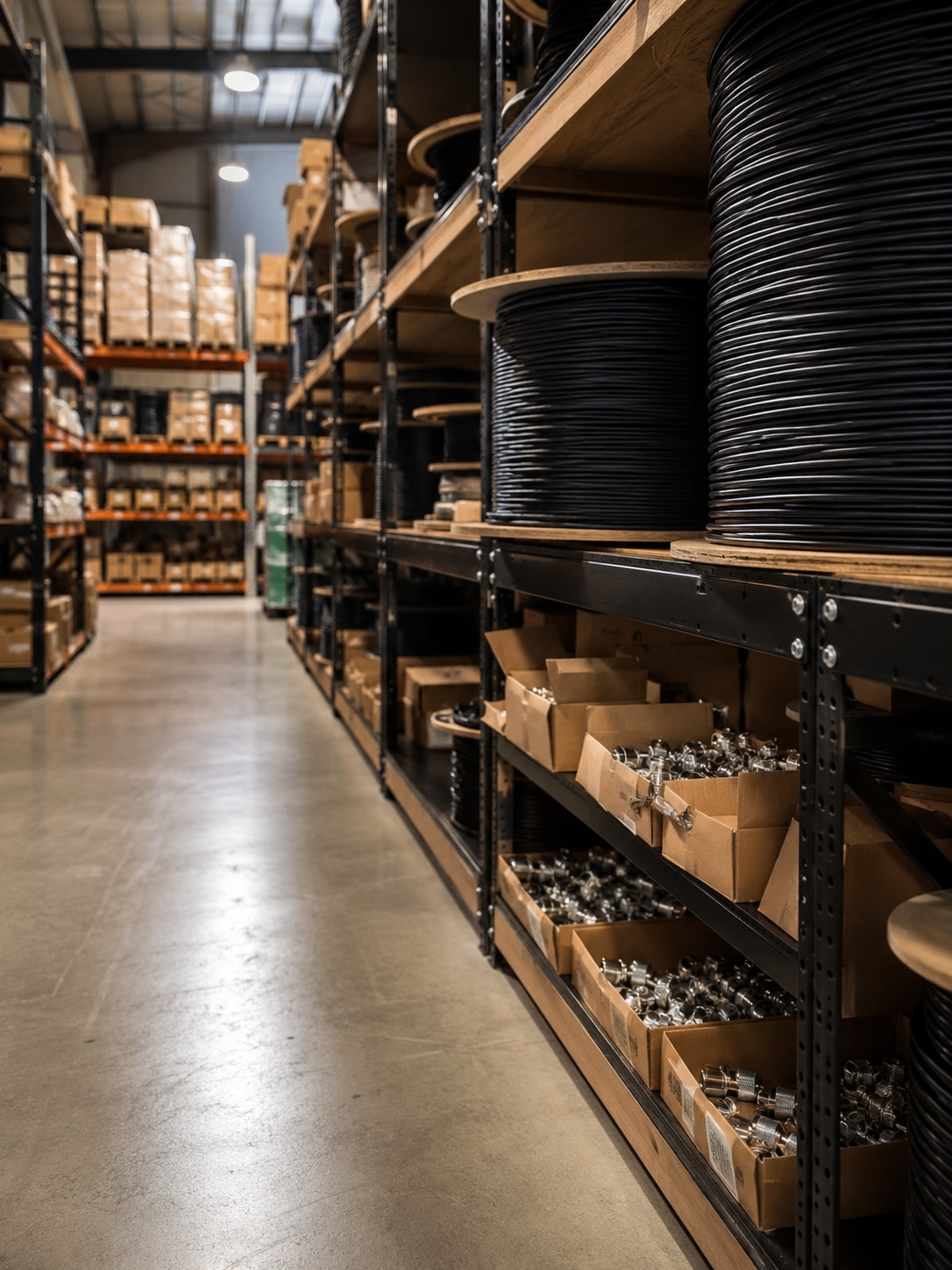Bodega de Heliax Colombia con carretes de cable coaxial y cajas de conectores